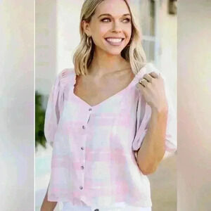 Lush women’s cute pink plaid blouse